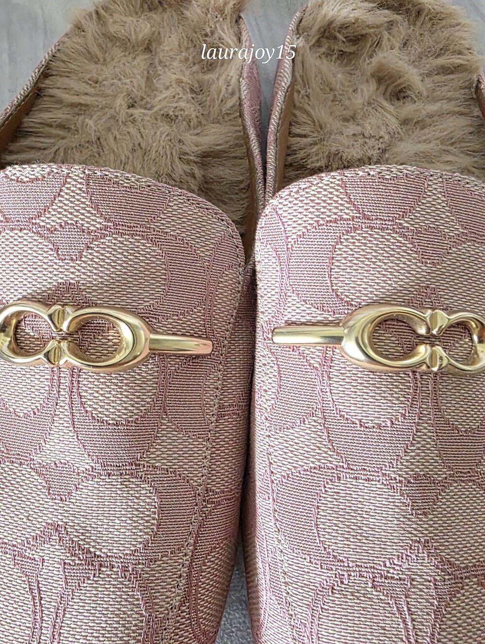 Coach Sienna Sherpa Slides Shoes Pink Signature Jacquard Gold Horsebit Womens 6 - Picture 3 of 10